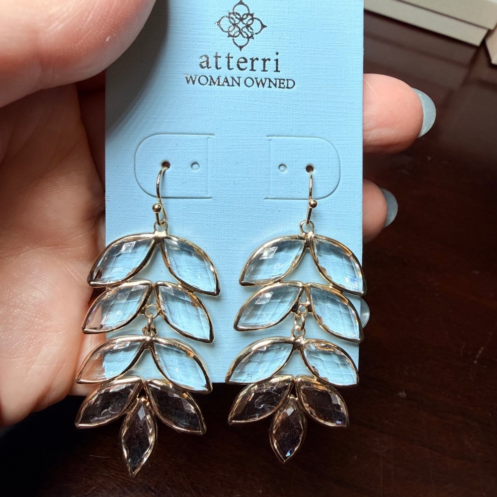 Atterri Gold Tone Clear Champagne Glass Leaf Tiered Drop Dangle Earrings Boho
